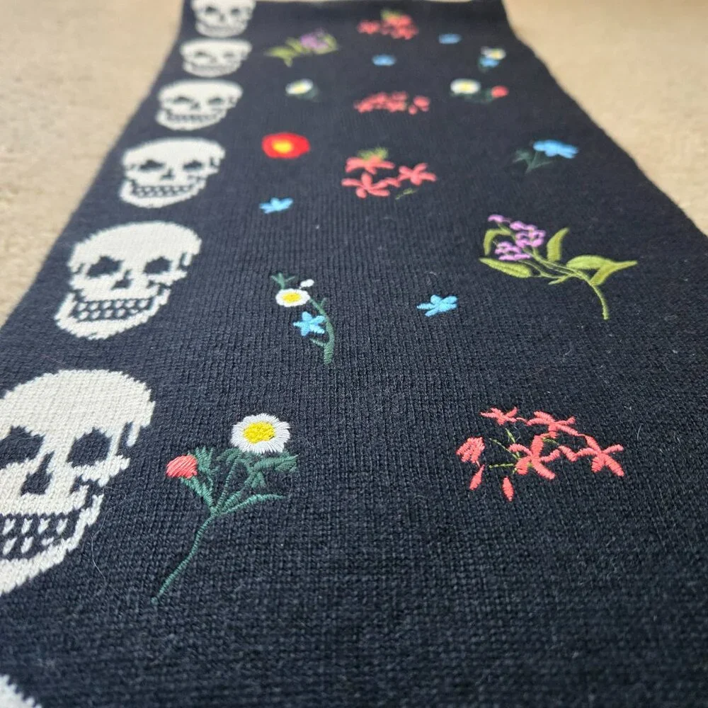 Skull Cashmere Embroidered Wool/Cashmere Scarf Skulls and Flowers
